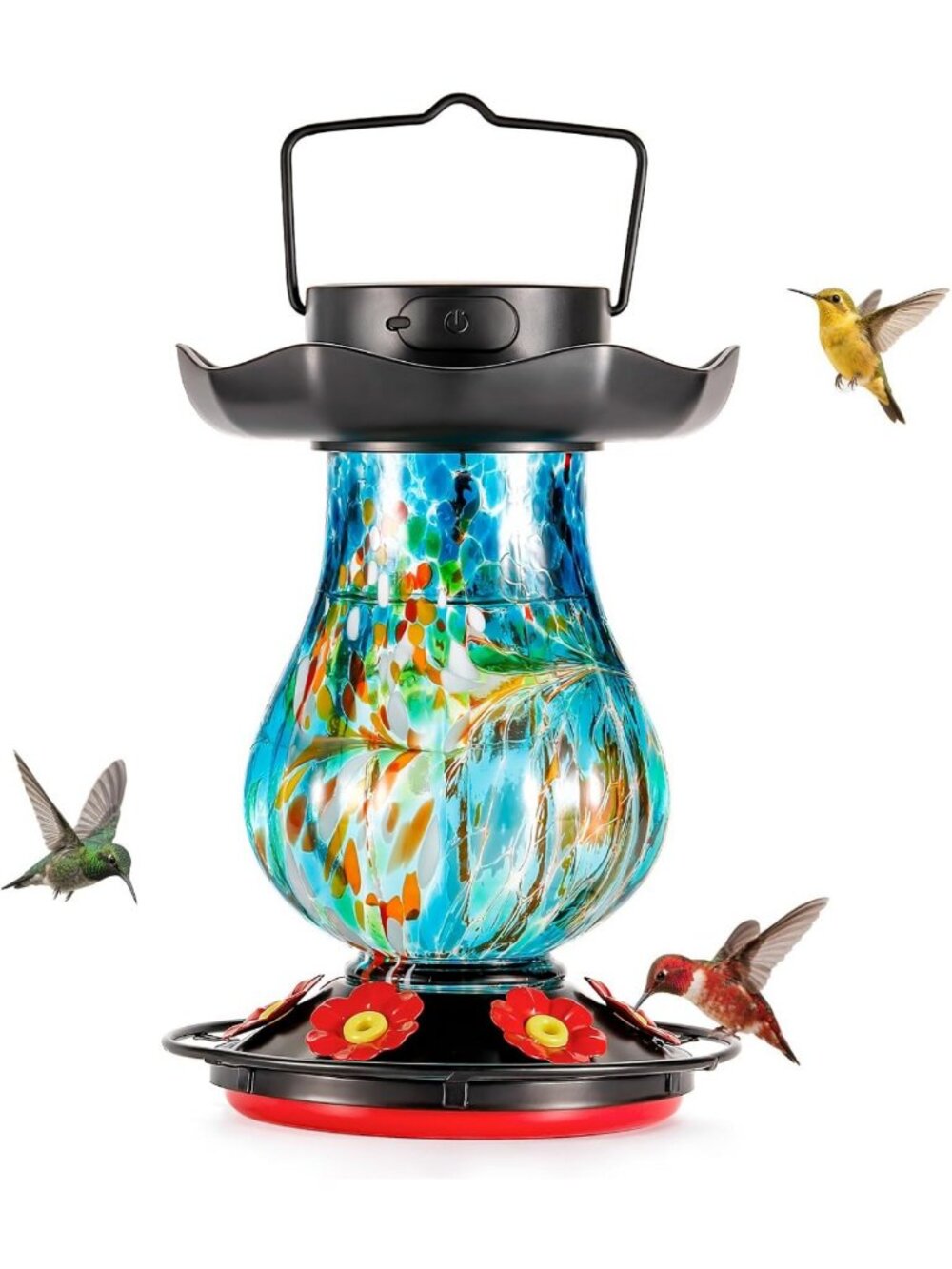 Color-Changing Solar Hummingbird Feeder - 25oz Hand Blown Glass, Outdoor Decor